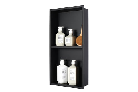 IKITRAEE No Tile Needed Shower Niche front view in matte black for streamlined bathroom storage