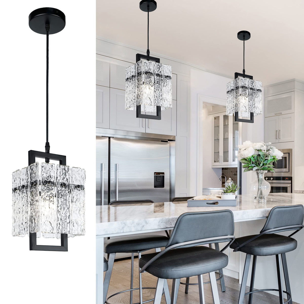 IKK Black Crystal Pendant Light glass detail showcases premium craftsmanship and luxe texture.