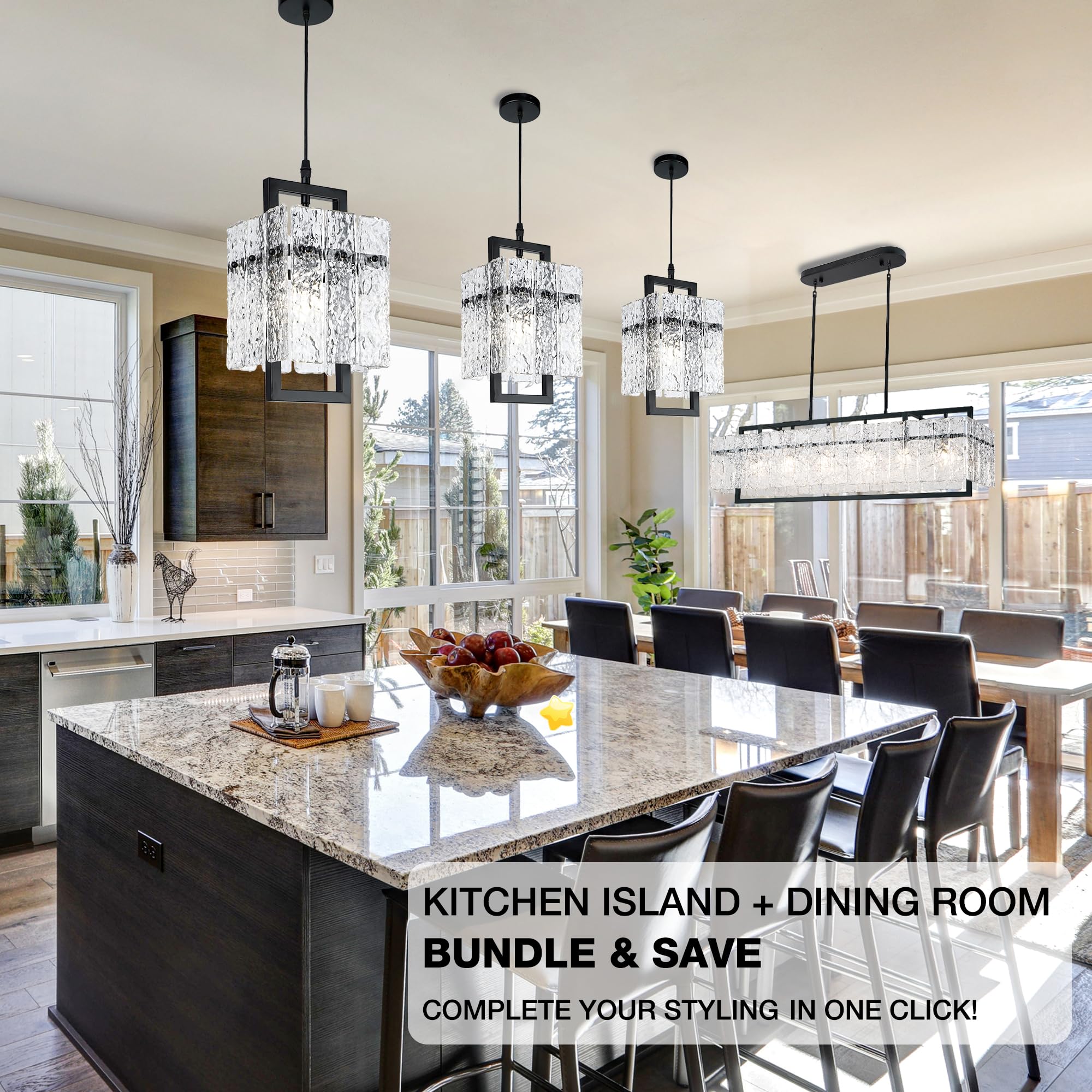 IKK water ripple pendant above the kitchen island creates inviting ambience and reflections.
