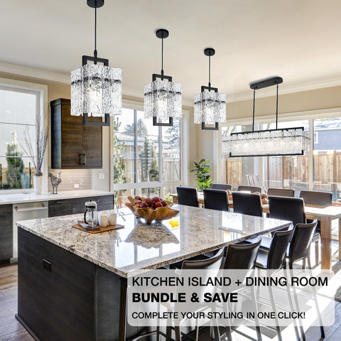 IKK water ripple pendant above the kitchen island creates inviting ambience and reflections.