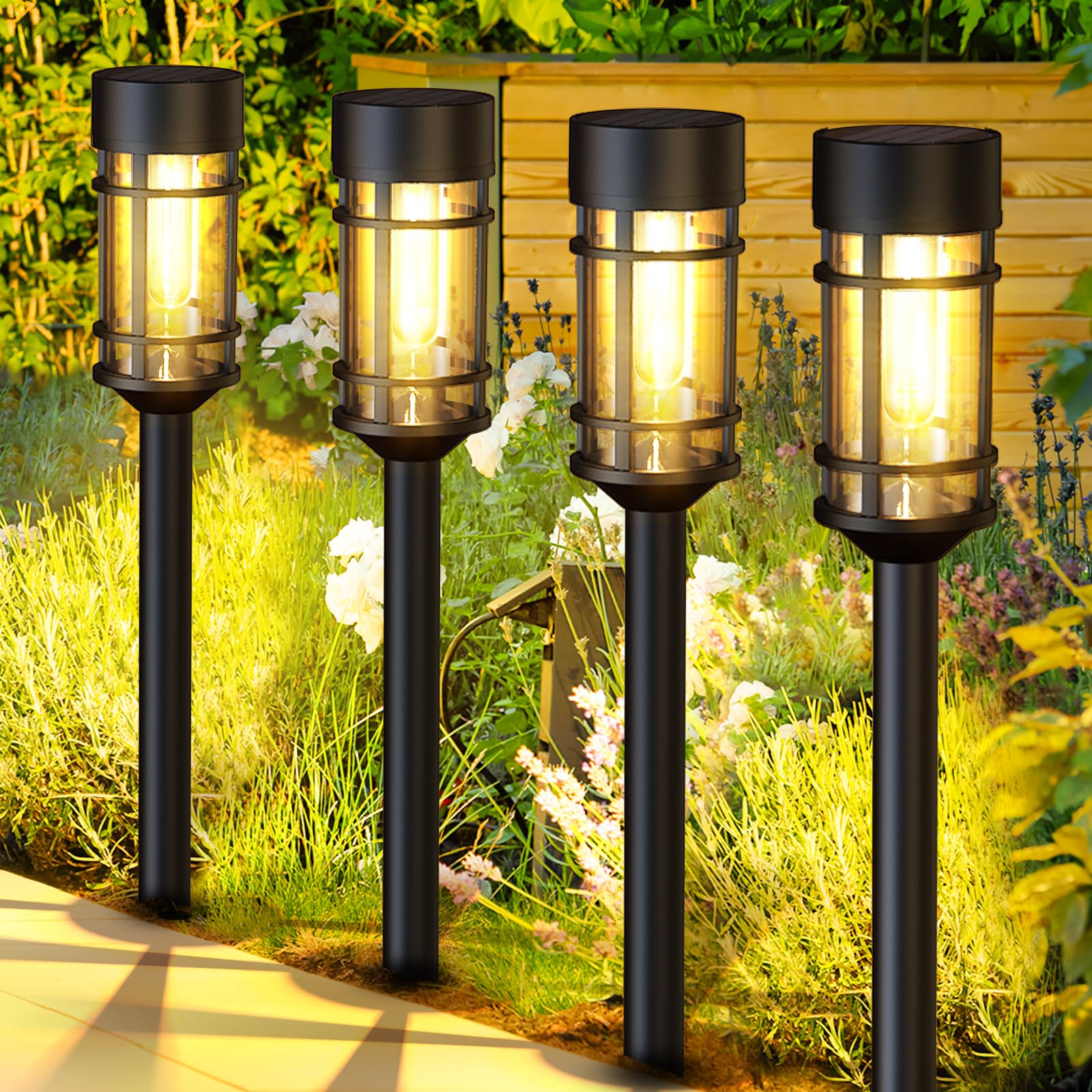 ILANCK 8-pack solar lights line a garden path with warm illumination.