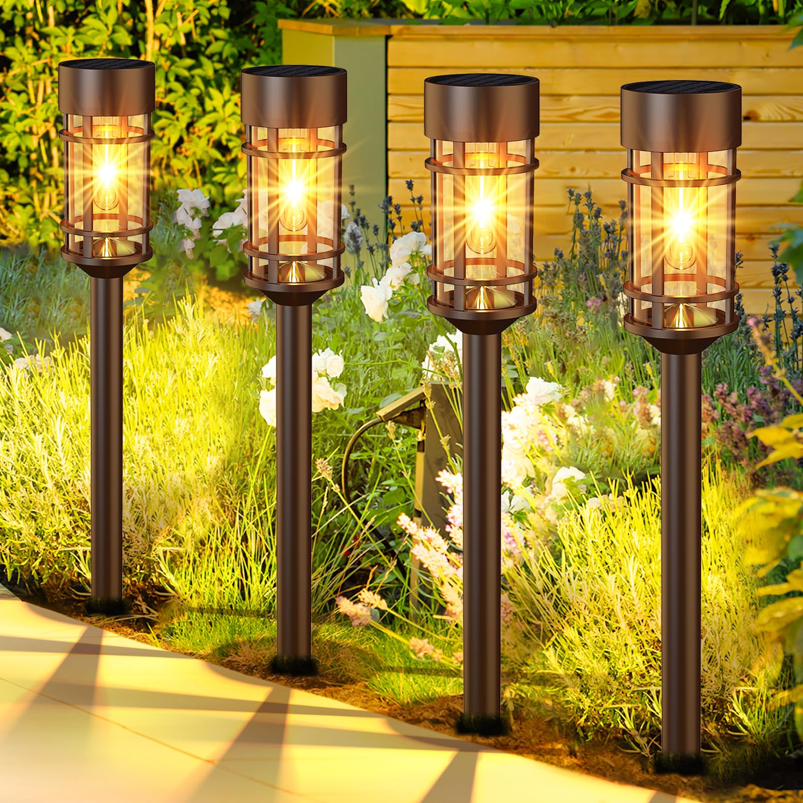 ILANCK solar pathway lights with metal and glass design illuminate outdoor paths.