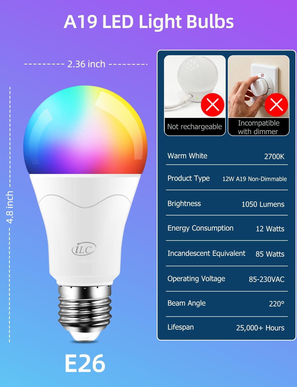 ILC E26 screw base fits standard fixtures with easy installation.