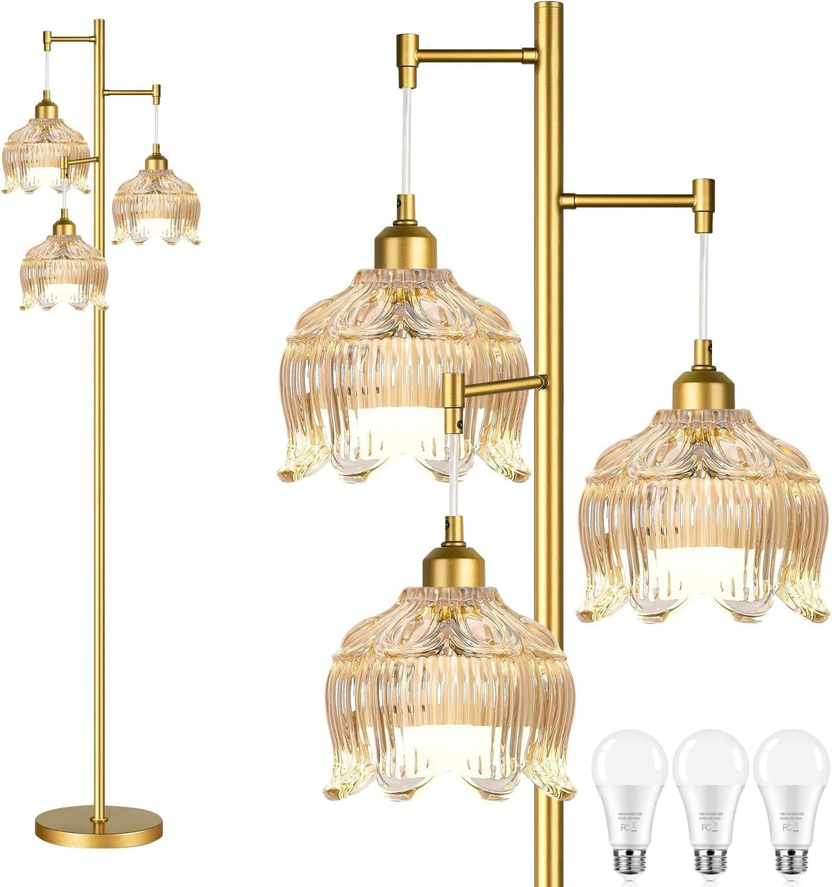 ILLMTW gold floor lamp with amber shade enhances cozy living rooms.