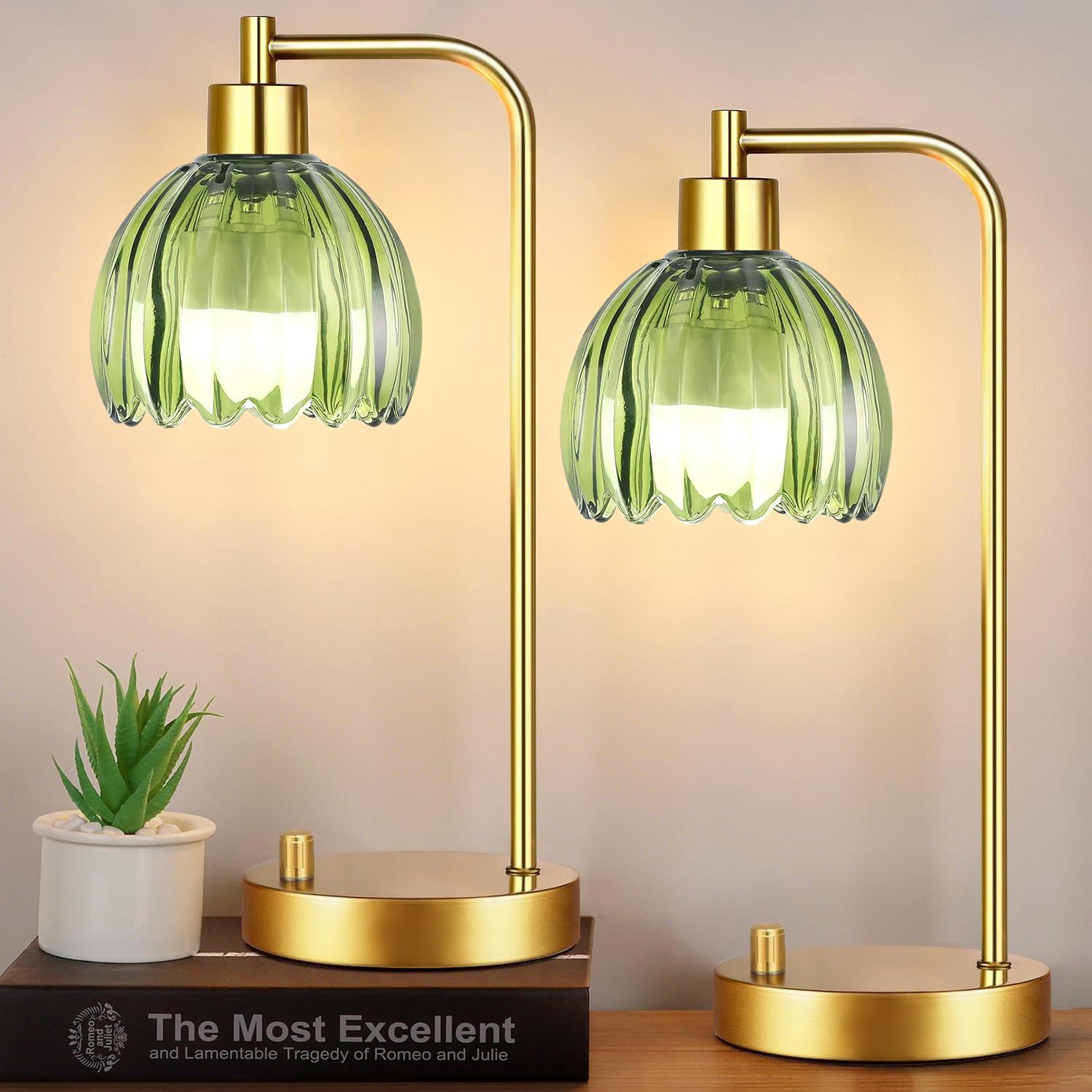 ILLMTW green glass table lamp pair with tulip shade for mid-century decor