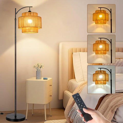 ILLMTW rattan floor lamp arc frame adds warm ambient light to living rooms