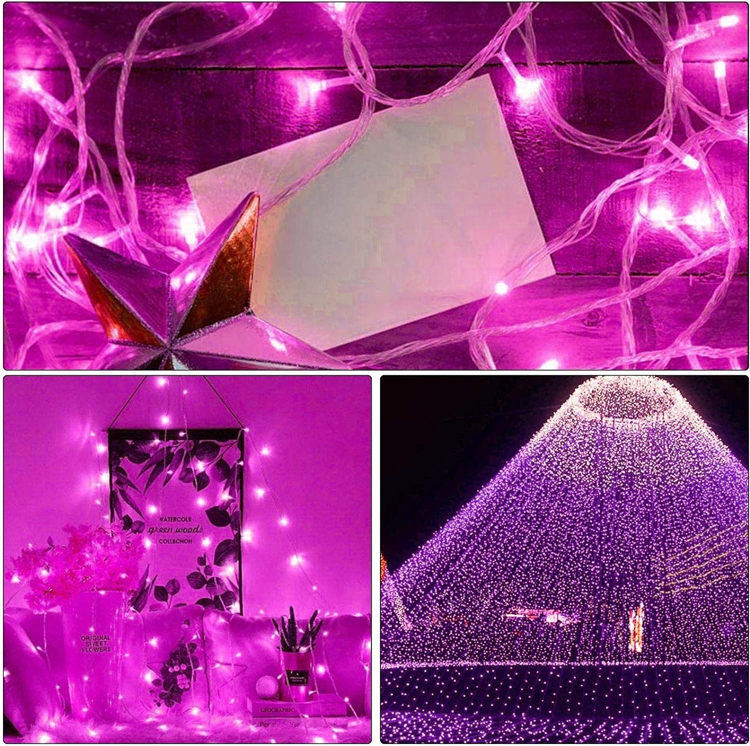 ILLUMINEW 300 LED pink fairy lights, 108 feet long for broad coverage.