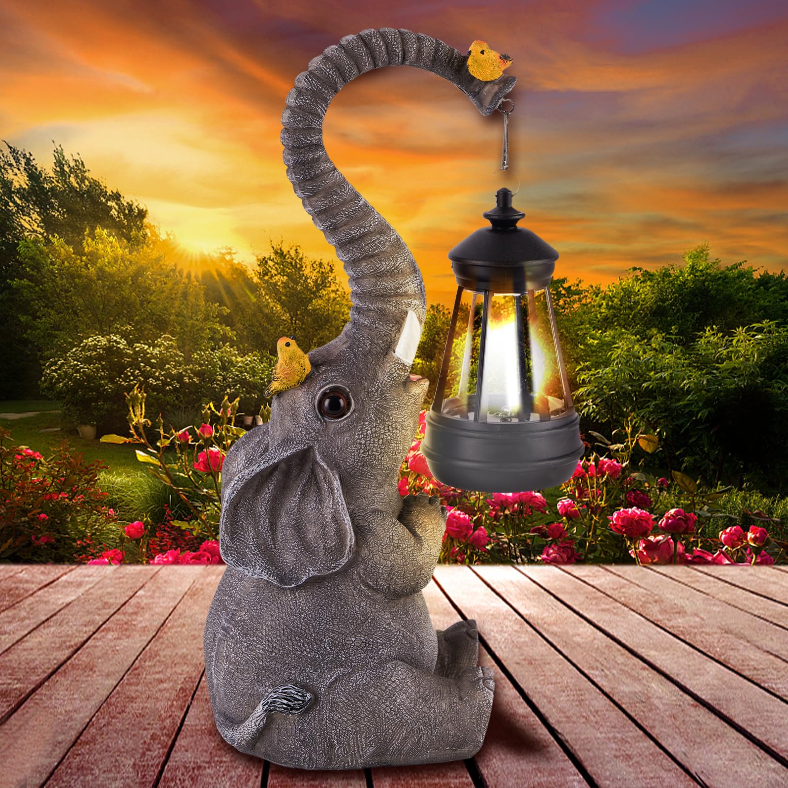 ILLUMINEW solar elephant lantern garden scene enhances outdoor ambience and charm