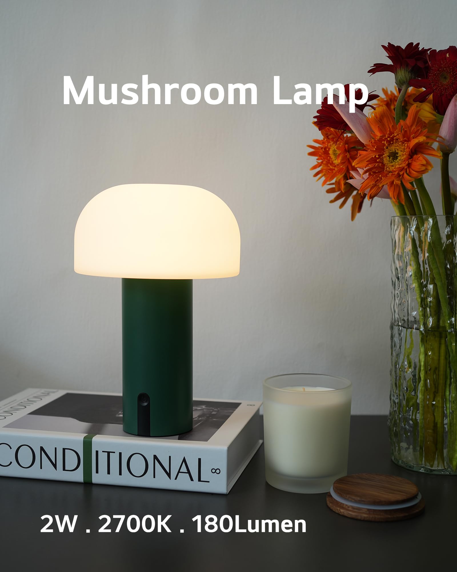 ILOVINIT outdoor mushroom table lamp green on patio table for evening dining.