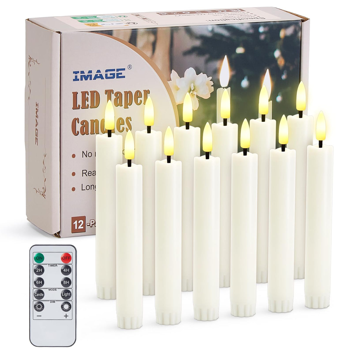 IMAGE 12-piece flameless taper candles with 3D wick offer authentic ambience without flame.