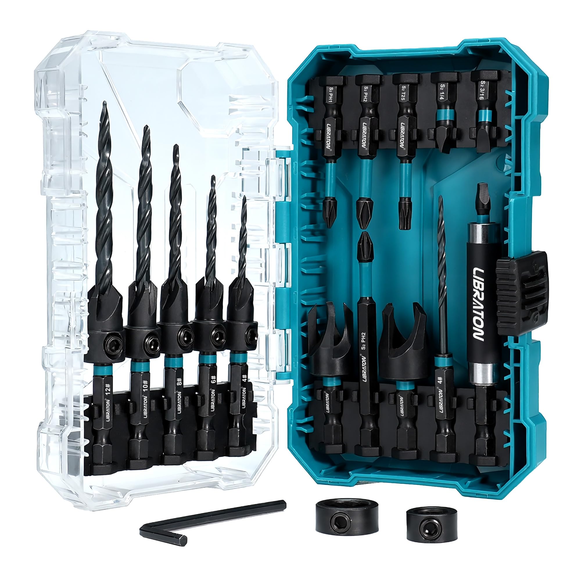 LIBRATON countersink set with six tapered bits for precise woodworking.