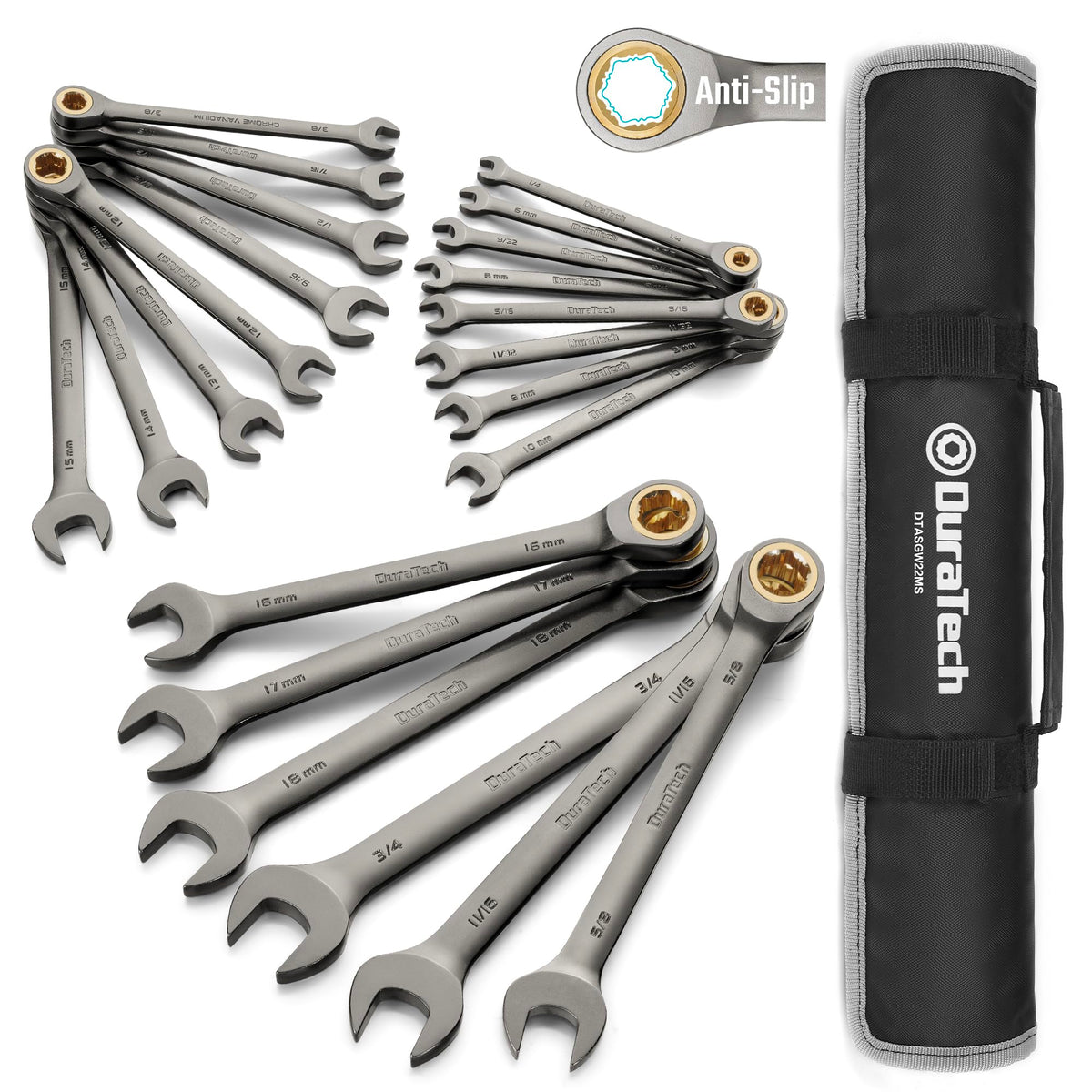 Duratech 22-Piece Anti-Slip Ratcheting Wrench Set – Metric & SAE, 1/4–3/4 in & 6–18 mm, Pouch