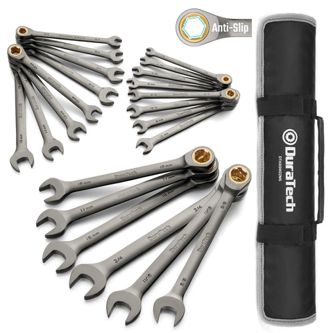 Duratech 22-Piece Anti-Slip Ratcheting Wrench Set – Metric & SAE, 1/4–3/4 in & 6–18 mm, Pouch