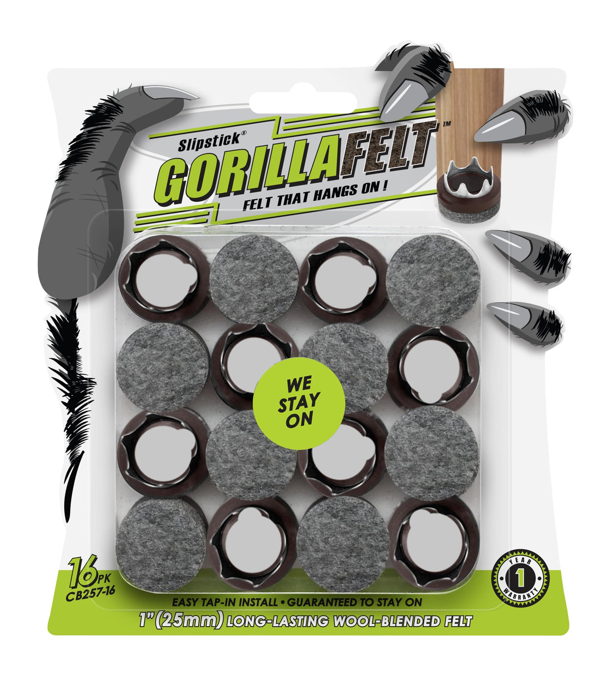 Slipstick GorillaFelt 1-Inch Round Chair Leg Floor Protectors (Tap-On Felt Glides) – Set of 16