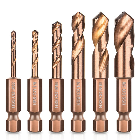 Matework M35 Cobalt Stubby Drill Bits Set – 6PC, 1/4 Inch Hex Shank, Sizes 3/32
