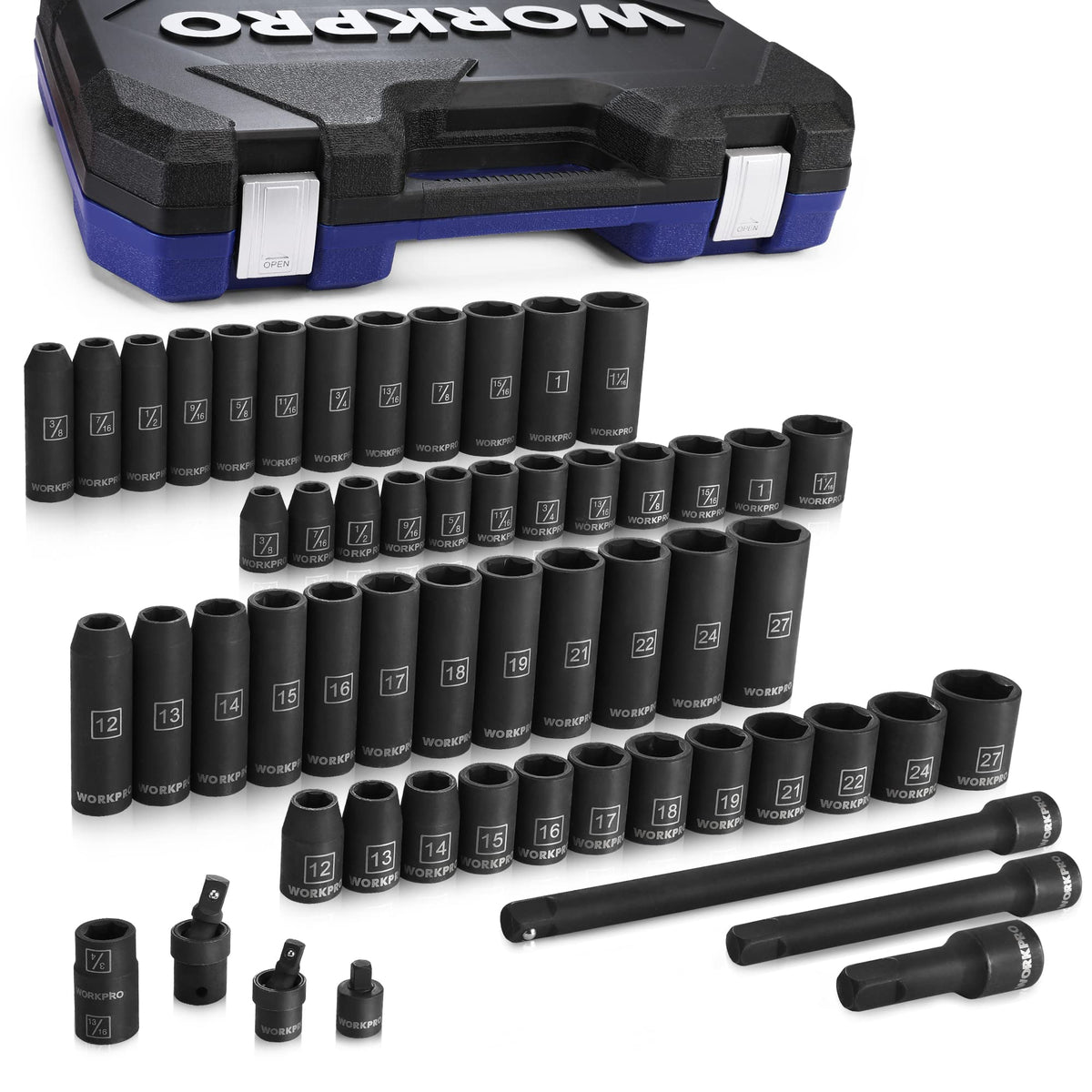 WORKPRO 55-Piece 1/2-Inch Drive Impact Socket Set with Extension Bars – Cr-V Steel