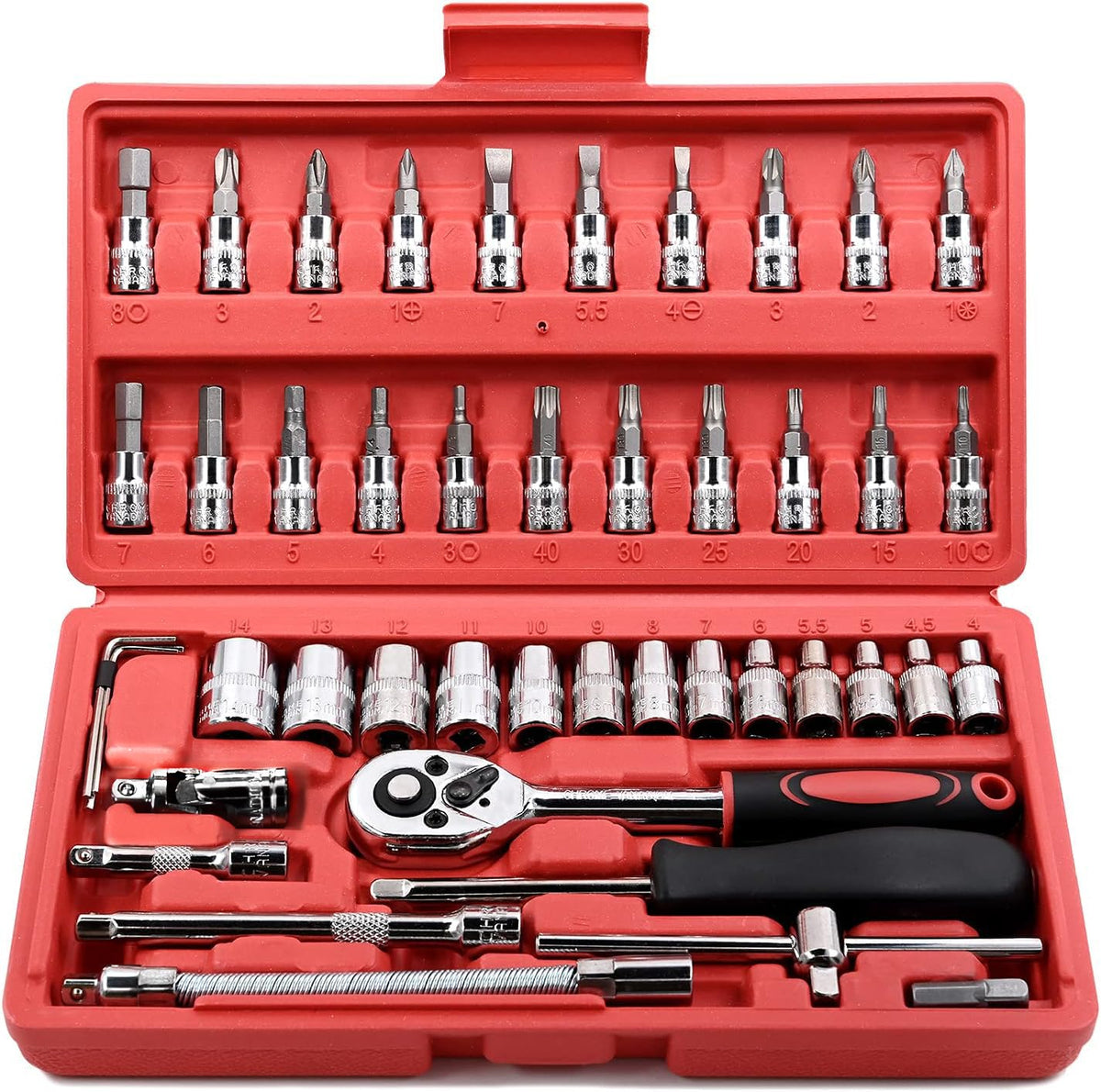 Egofine 46-Piece 1/4-In Drive Socket Ratchet Set with Bit Sockets, Extensions, and Storage Case