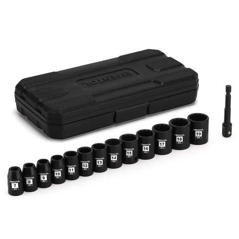 EMENTOL 14-Piece 3/8 in Drive Standard Impact Socket Set, Metric, 12-Point, CR-V, 7mm-19mm
