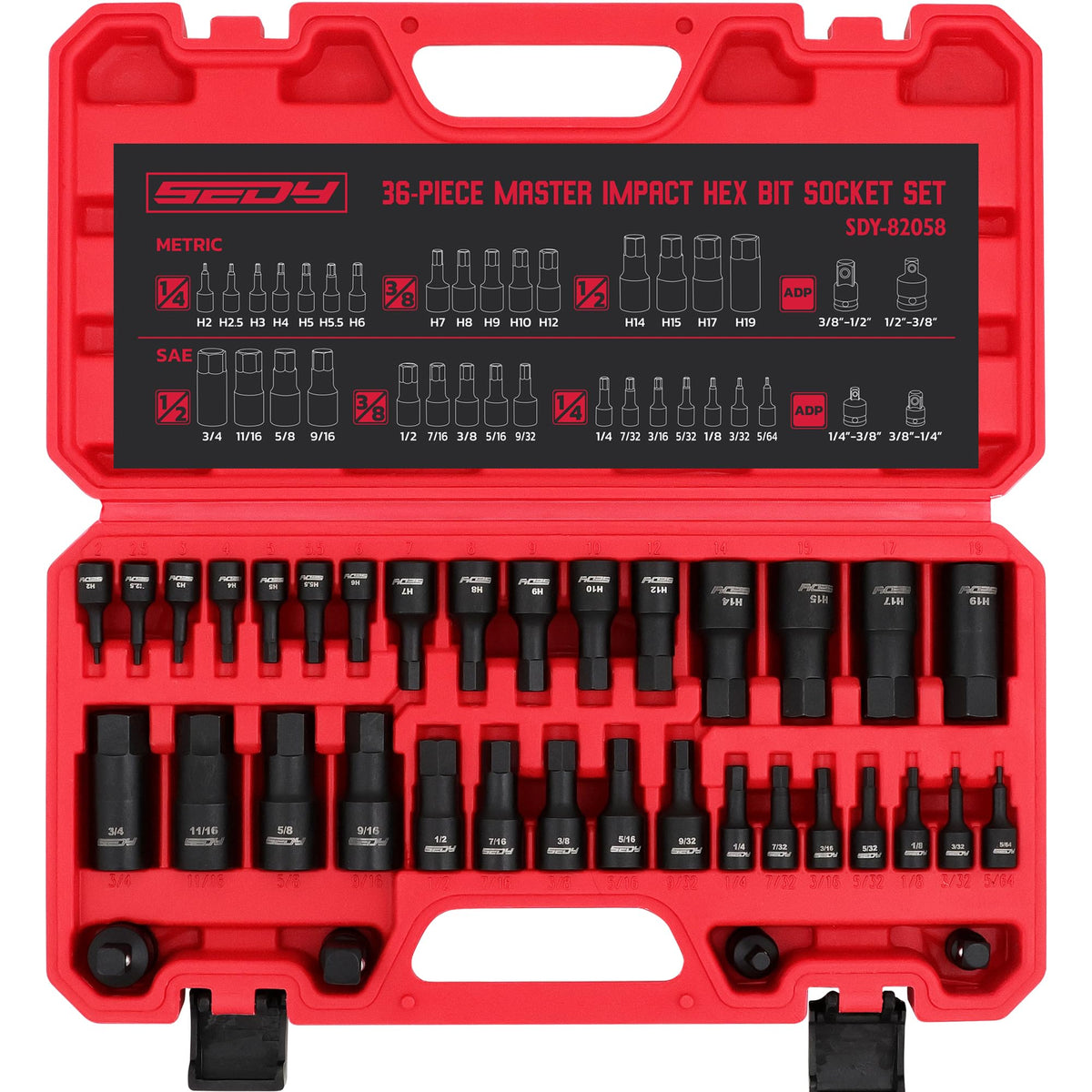 SEDY Hex Bit Impact Socket Set 36-Piece – 1/4-inch, 3/8-inch, 1/2-inch Drives, SAE & Metric, Heavy-Duty Case
