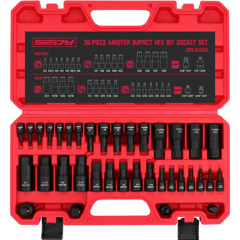 SEDY Hex Bit Impact Socket Set 36-Piece – 1/4-inch, 3/8-inch, 1/2-inch Drives, SAE & Metric, Heavy-Duty Case