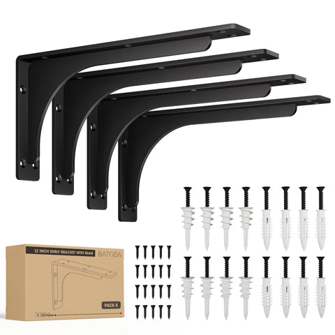 BATODA 12x6 L Bracket with Arch Beam – Heavy Duty Shelf Brackets Black 500 Lbs Capacity (Pack 4)