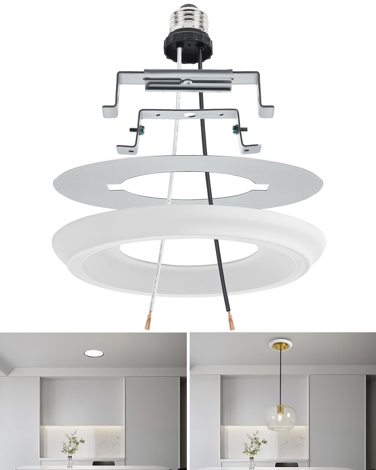 Luvkczc Recessed Can Light Conversion Kit for 5" and 6" Ceiling Fixtures - Pendant/Hanging Light Upgrade, Includes E26 Socket, Mounting Bracket, Round Ceiling Plate（White）