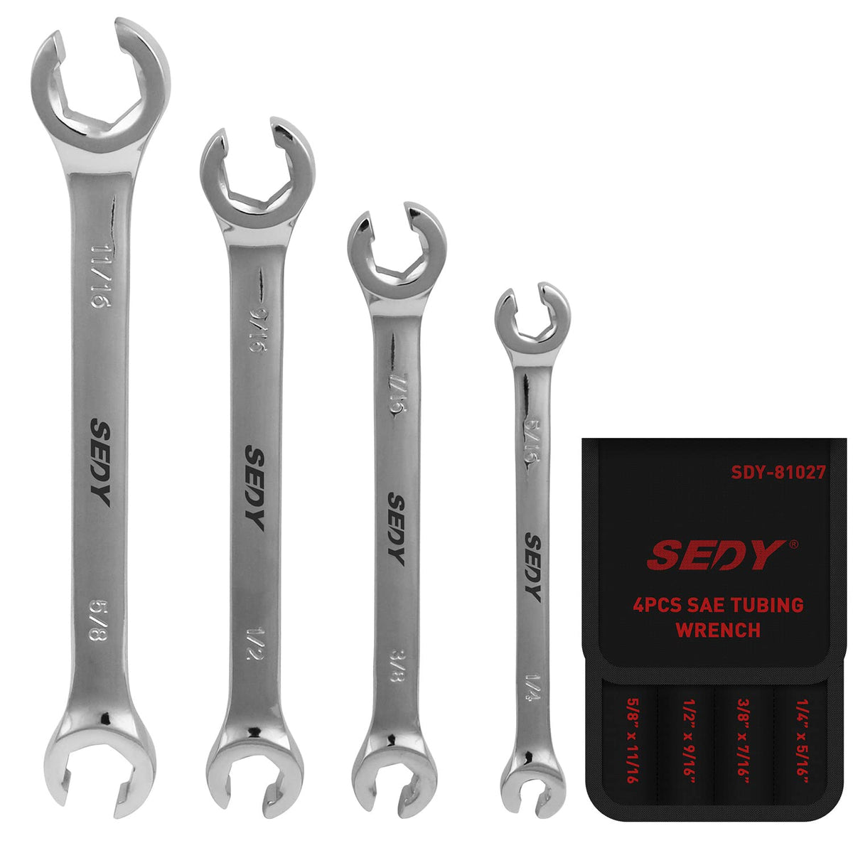SEDY 8-Piece Flare Nut Wrench Set with Offset Heads | SAE Brake Line Wrenches 1/4–11/16 in, Portable Organizer Pouch Included