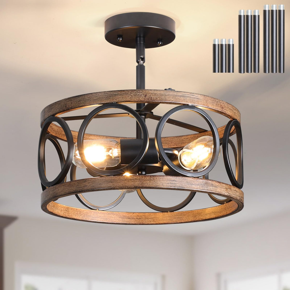 Galtlap Semi Flush Mount Ceiling Light, 3-Lights Modern Farmhouse Ceiling Lighting Fixture, Vintage Close to Ceiling Light for Kitchen Hallway Foyer Bedroom Black and Wood Grain Finish