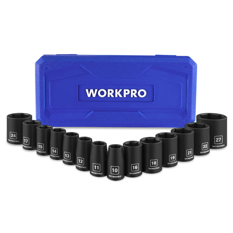 WORKPRO 1/2” Drive Shallow Impact Socket Set (14PCS, 10–27mm) – Cr-V Steel, 6-Point, Case