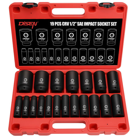 DISEN 19 Pcs SAE Impact Socket Set – Half-Inch Drive, Deep Sockets 3/8