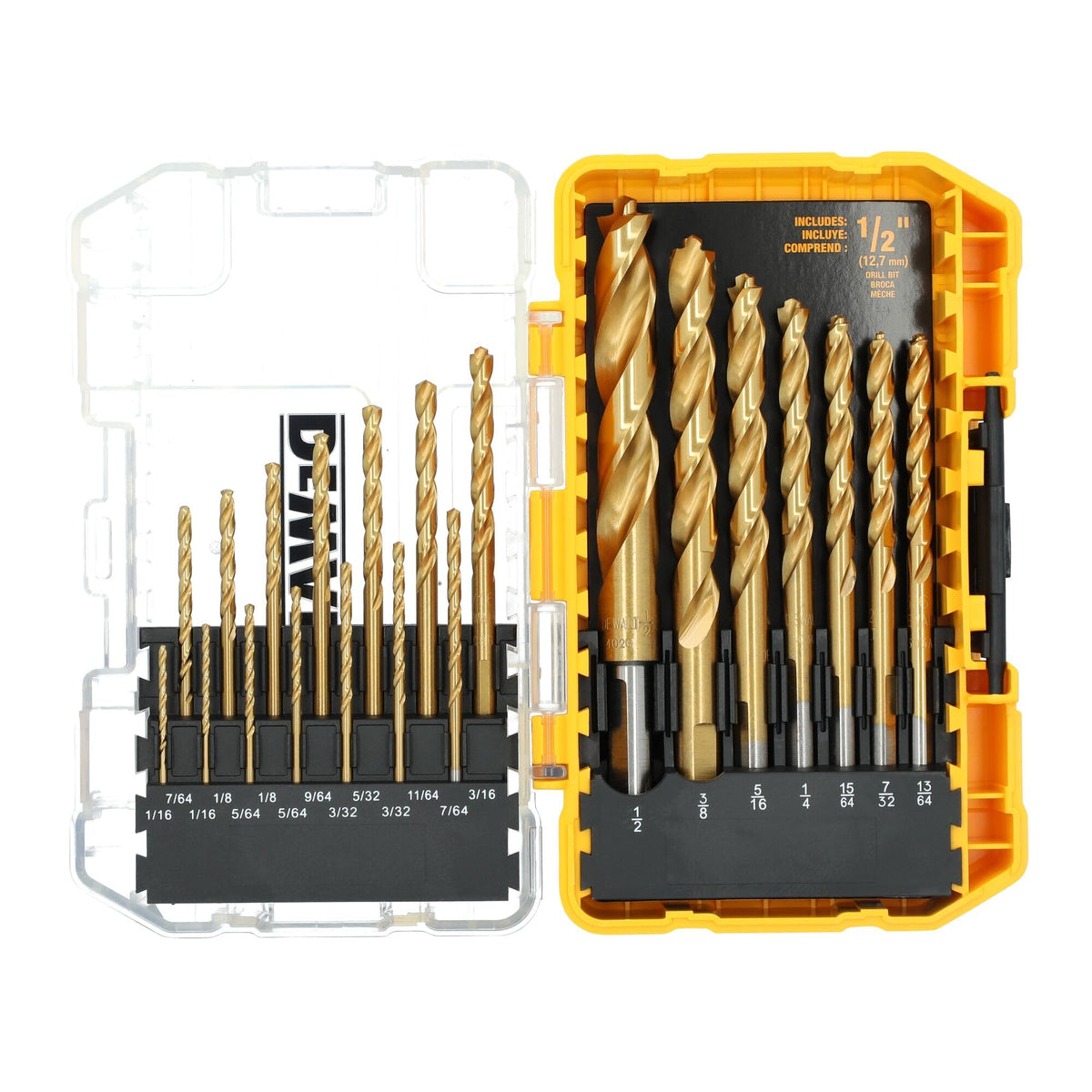 DEWALT DW1361 21-Piece Titanium Nitride Drill Bit Set | Pilot Point, No-Spin Shanks, Durable Case