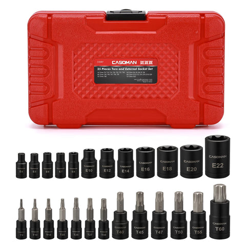 CASOMAN 25-Piece Torx Bit Socket Set with External Sockets and E-Torx (T8-T60, E4-E22)
