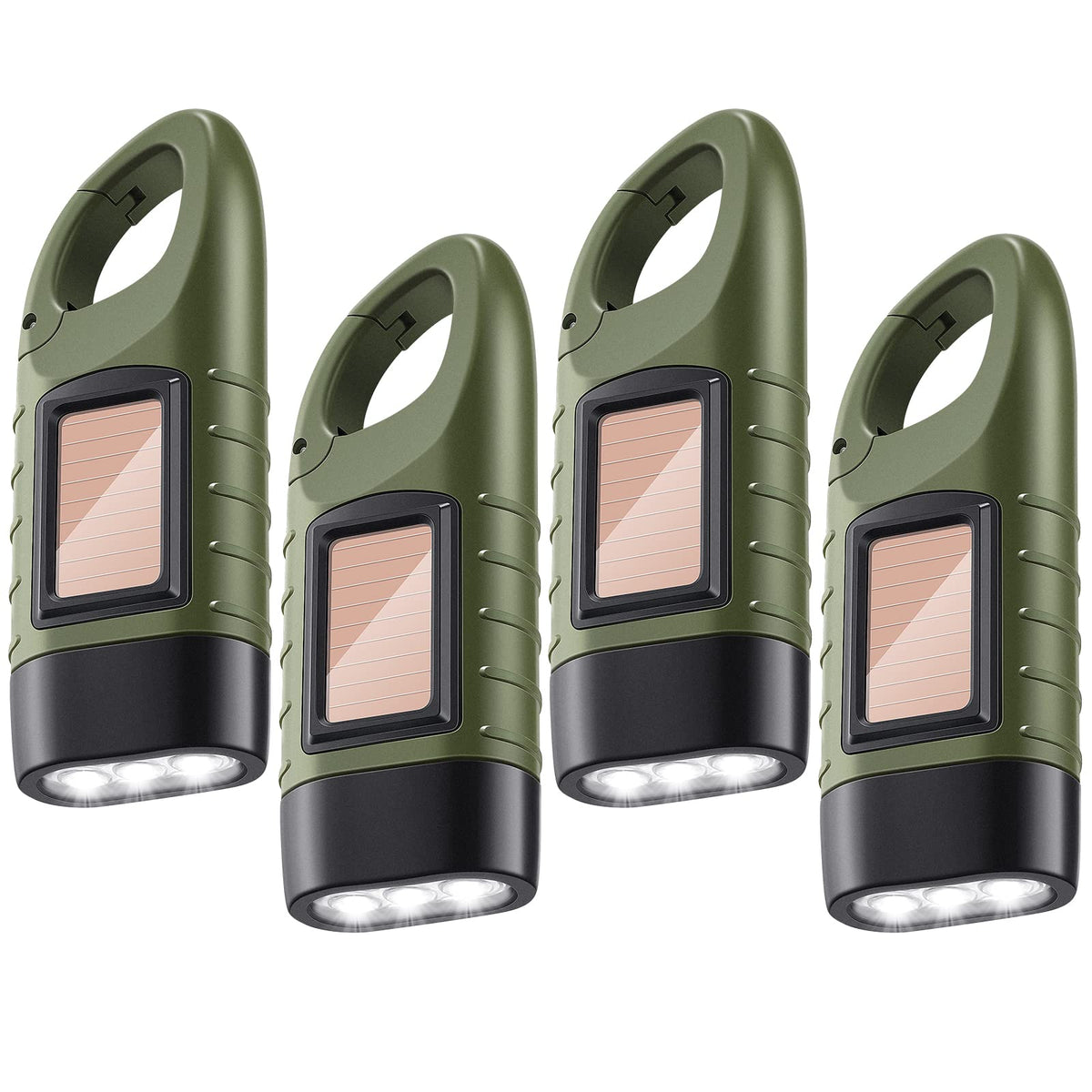 Oudain 4 Pieces Hand Crank Flashlight Solar Powered Rechargeable Flashlight Survival Emergency Hand Crank LED Lantern Snap Carabiner Torch for Outdoor Sports Camping Hiking Christmas Child Shoeboxes