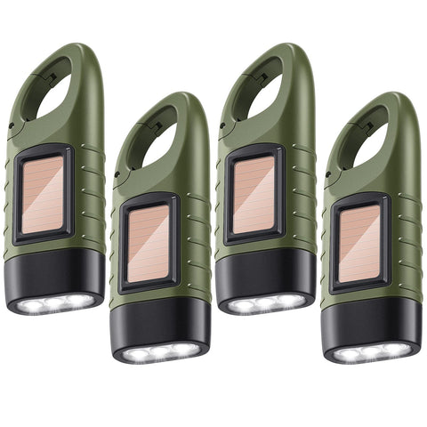 Oudain 4 Pieces Hand Crank Flashlight Solar Powered Rechargeable Flashlight Survival Emergency Hand Crank LED Lantern Snap Carabiner Torch for Outdoor Sports Camping Hiking Christmas Child Shoeboxes