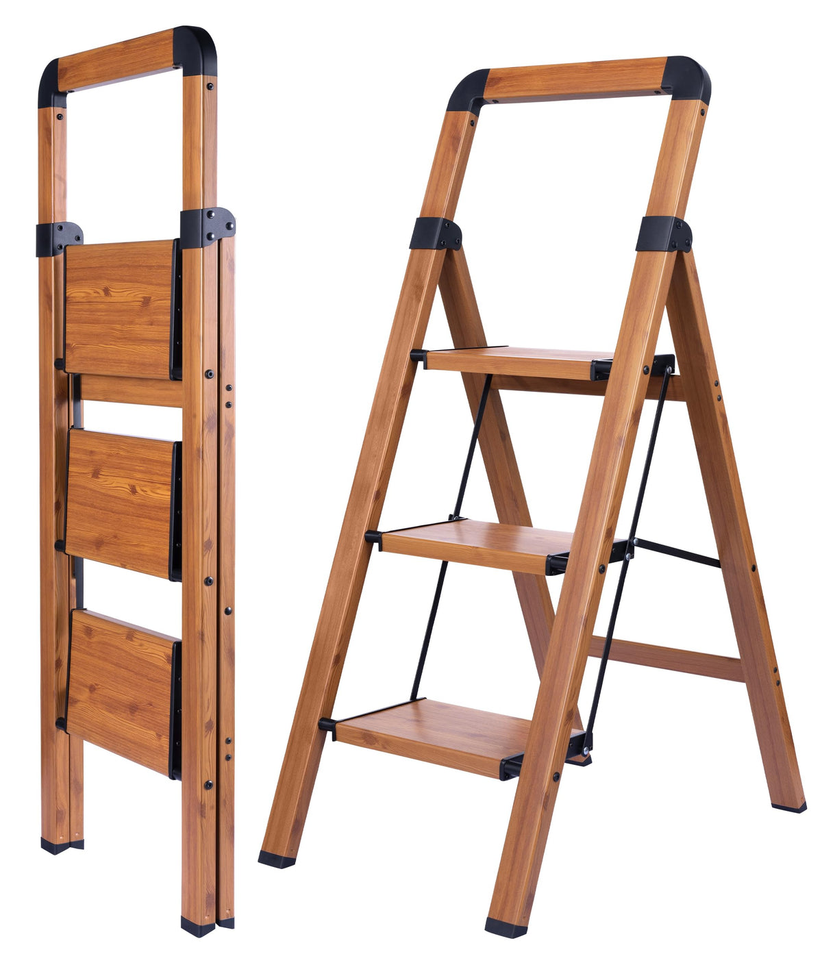 BIBKOKE Folding 3-Step Woodgrain Ladder | Aluminum, Anti-Slip, 330 lbs