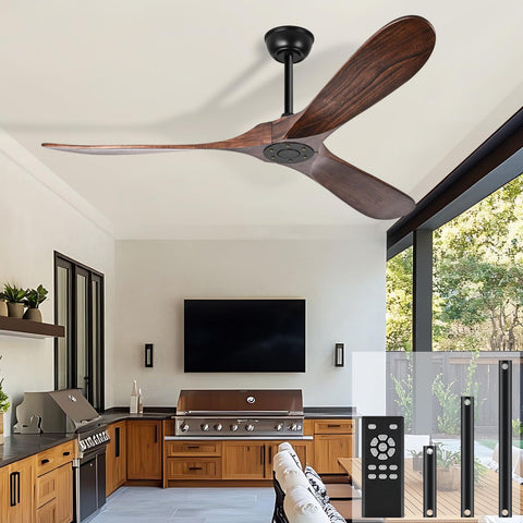 heimo 52 Inch Walnut Wood Ceiling Fan No Light – Quiet DC Motor, Remote Control, Indoor/Outdoor