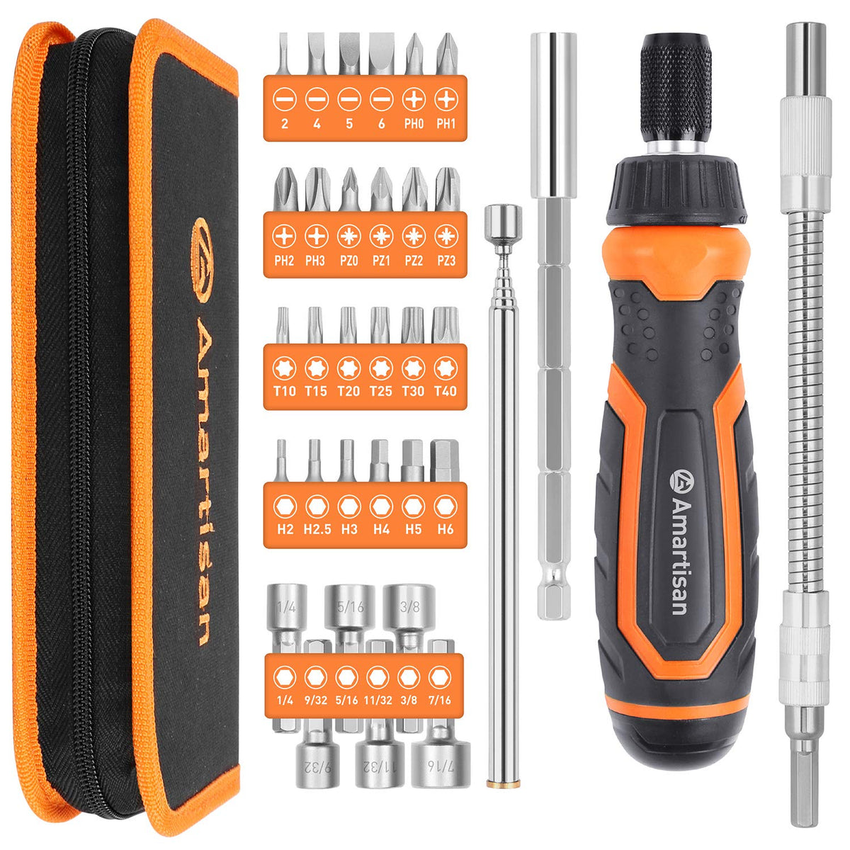 Amartisan 18-in-1 Screwdriver Set (Orange, 34-Piece Multi-bit Screwdriver Set)