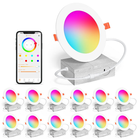 SikSog Smart Recessed Lighting 4in RGBCW Downlights – 12W, 1080 lm, Alexa Compatible, Bluetooth App Control | 12-Pack