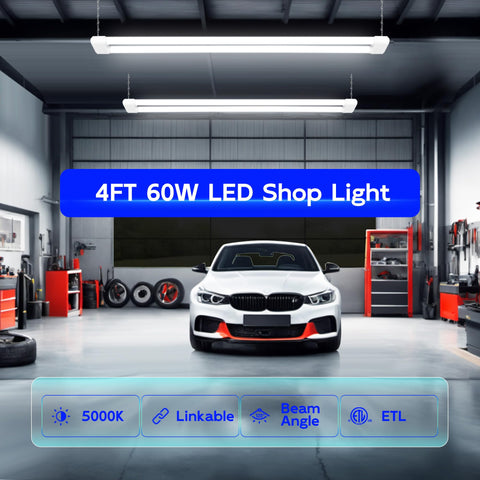 Hykolity 4-Pack LED Shop Lights 4FT – 60W (350W Eq), 6500 Lumens, 5000K Daylight, Linkable & Plug‑and‑Play