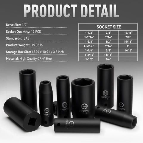 DISEN 19 Pcs SAE Impact Socket Set – Half-Inch Drive, Deep Sockets 3/8