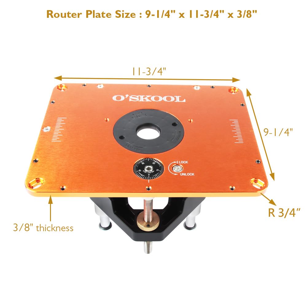 O'SKOOL Router Lift insert plate 11-3/4 by 9-1/4 inches enabling wide compatibility.
