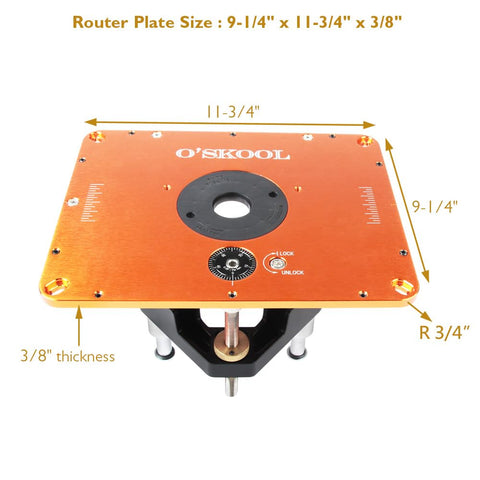 O'SKOOL Router Lift insert plate 11-3/4 by 9-1/4 inches enabling wide compatibility.