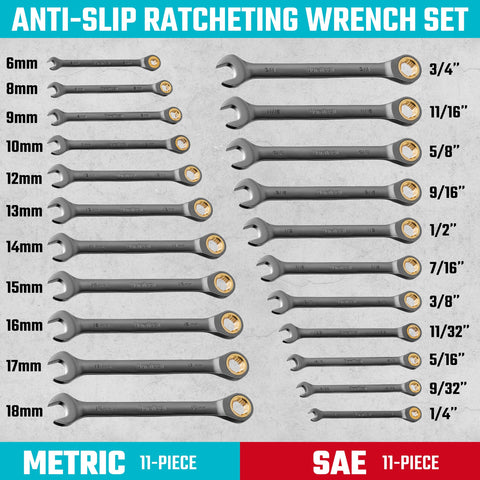Duratech 22-Piece Anti-Slip Ratcheting Wrench Set – Metric & SAE, 1/4–3/4 in & 6–18 mm, Pouch