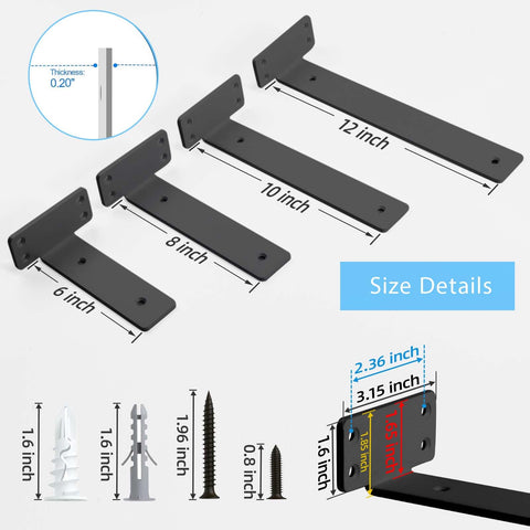 WEKIS 6-Inch Shelf Brackets – 6-Pack, Heavy-Duty Hidden Black L-Brackets (160 lbs)