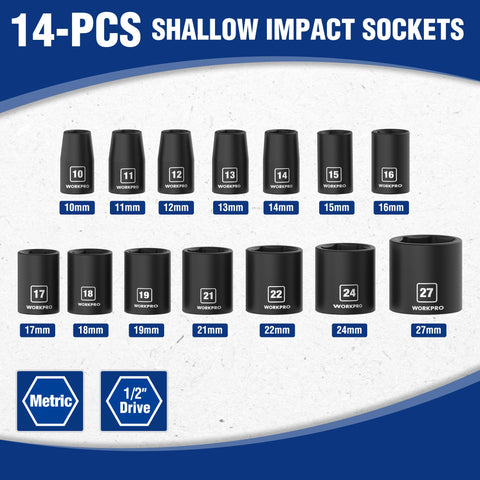 WORKPRO 1/2” Drive Shallow Impact Socket Set (14PCS, 10–27mm) – Cr-V Steel, 6-Point, Case