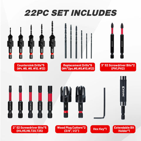 EZARC Countersink Drill Bit Set – 22-Piece with Magnetic Extension & Storage Case