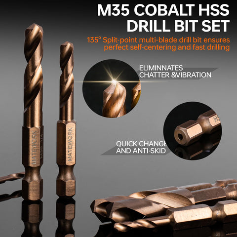 Matework M35 Cobalt Stubby Drill Bits Set – 6PC, 1/4 Inch Hex Shank, Sizes 3/32