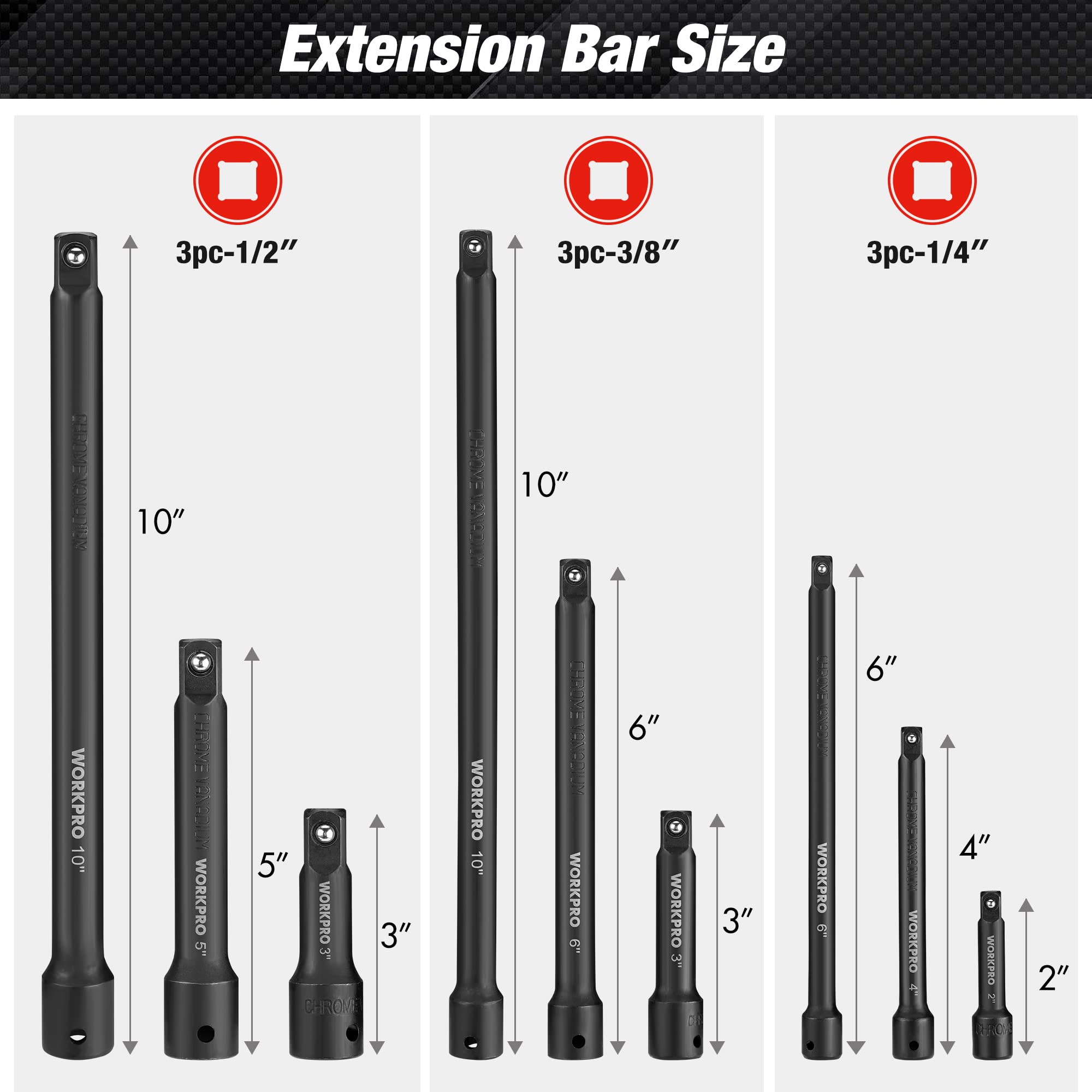 WORKPRO 4-inch quarter-drive extension for working space.