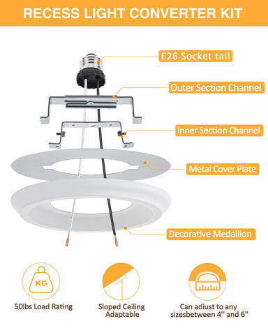 Luvkczc Recessed Can Light Conversion Kit for 5" and 6" Ceiling Fixtures - Pendant/Hanging Light Upgrade, Includes E26 Socket, Mounting Bracket, Round Ceiling Plate（White）