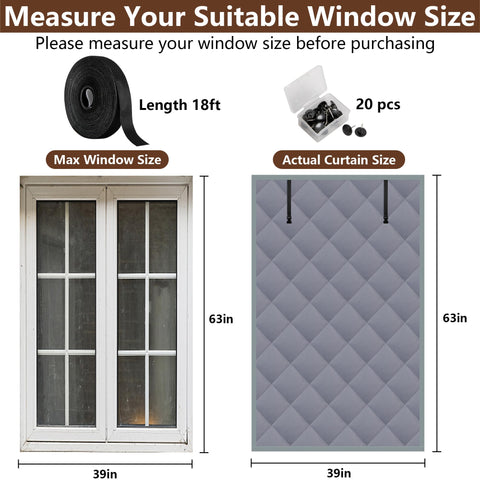 Nkiy Quen 3-Layer Winter Window Cover - 63 x 39 in Gray Oxford Insulated Blanket